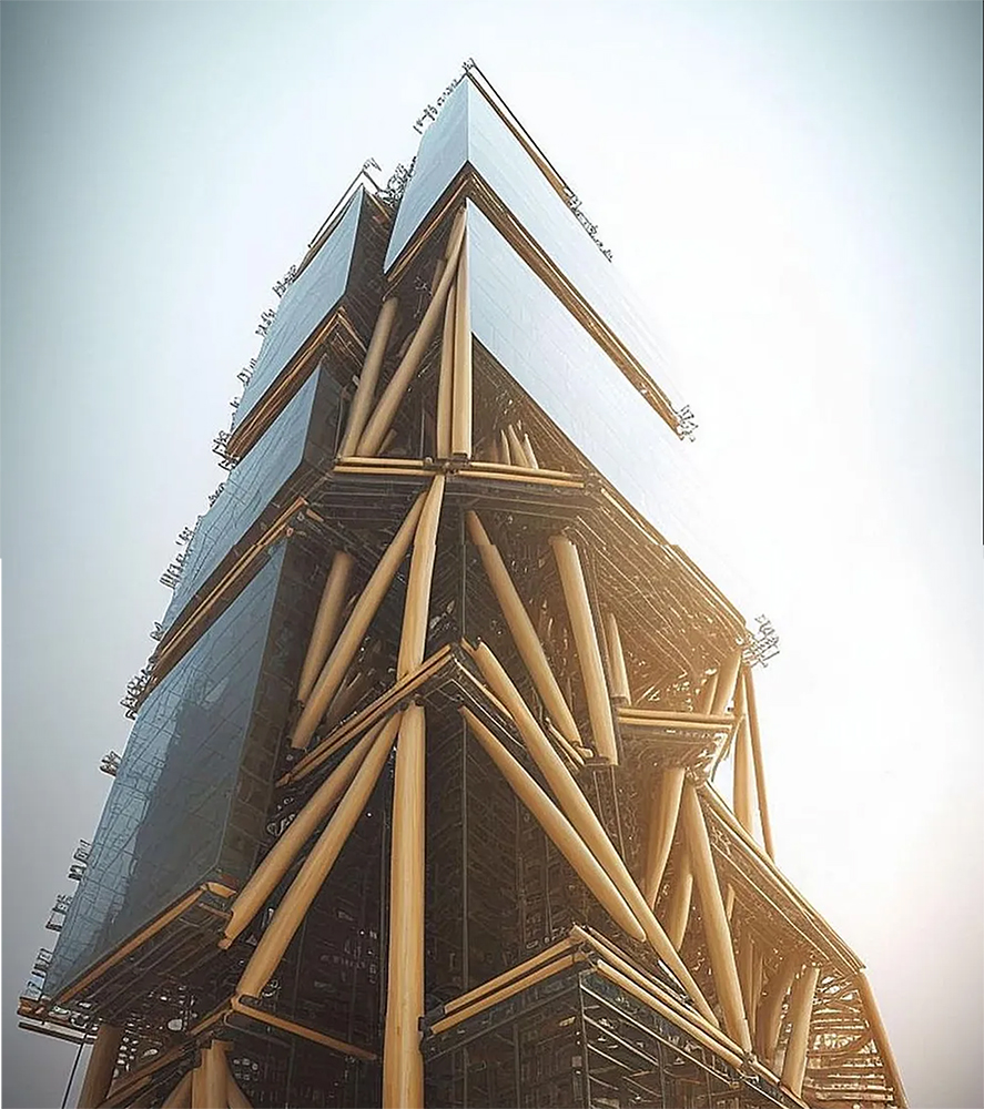 Arquitetura com estruturas de bambu. Edifícios ecológicos todos construídos somente com trocos de bambu.