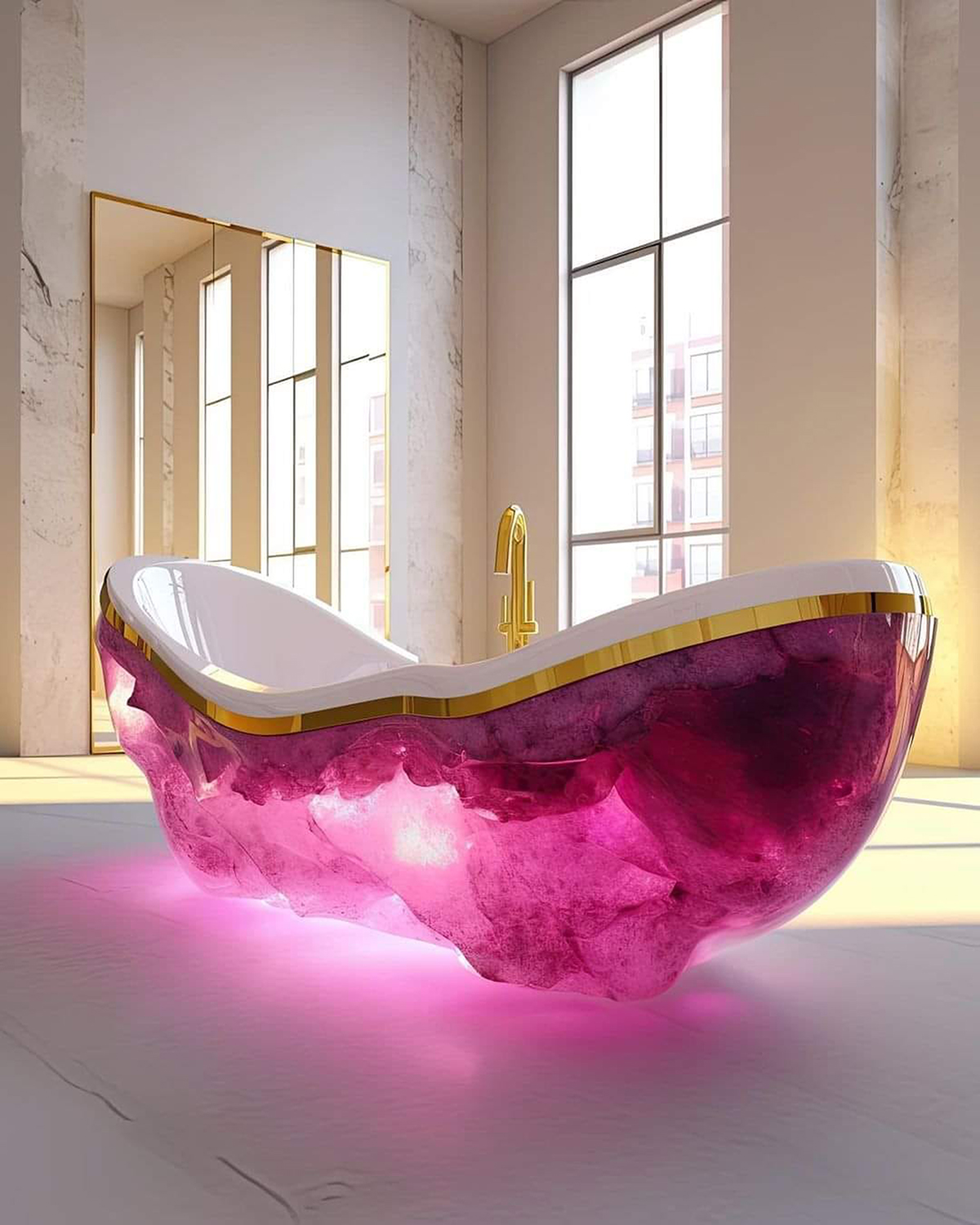 Banheiras de pedras preciosas – Entre ametistas e quartzo, o brilho das pedras dão um  colorido a mais nos banheiros.