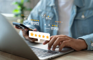 Online Customer Satisfaction Survey Service Concept, Client Rate Service From Experience In Application,consumer Give Five Stars And Feedback Review For Quality, Business Reputation Ranking From Buyer