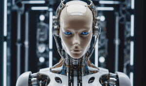 A Humanoid Robot With Blue Eyes Looks Directly At The Camera