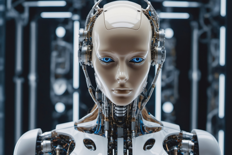 A Humanoid Robot With Blue Eyes Looks Directly At The Camera
