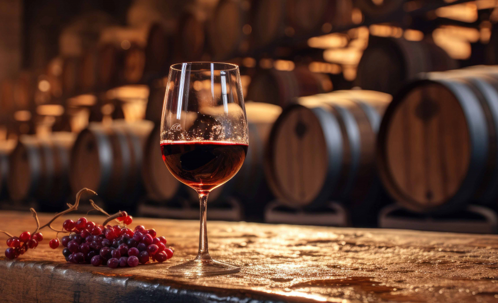 Winery: A Glass Of Wine Being Poured Against A Barrel In A Wine