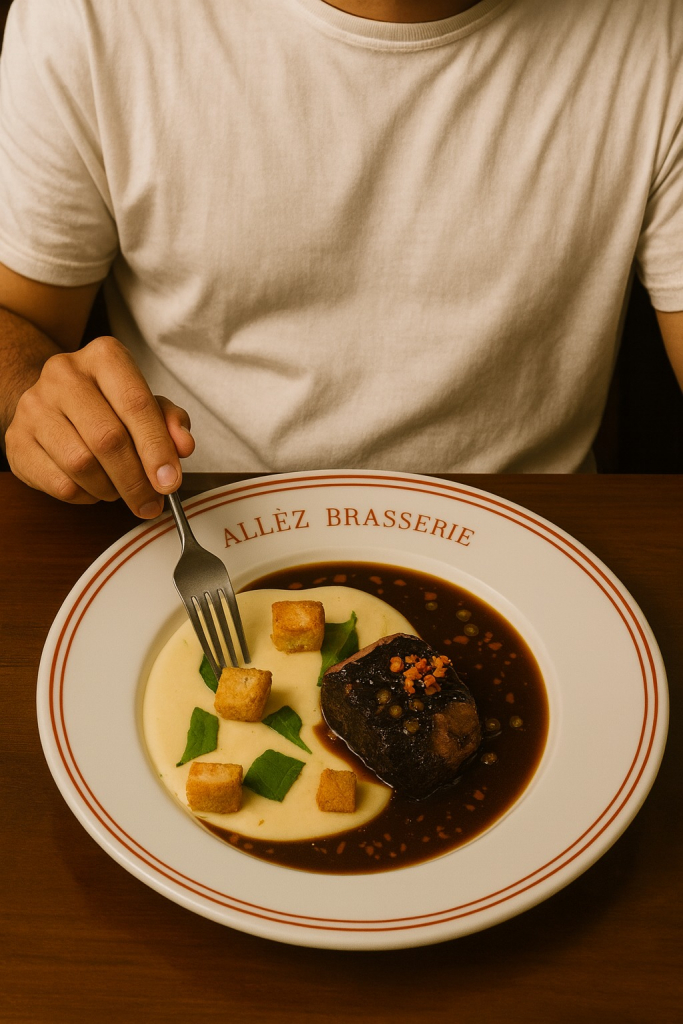 Menu Confiance (jantar) Baby Beef Grillée, Sauce Charcutière, Aligot Com Espinafre E Brioche