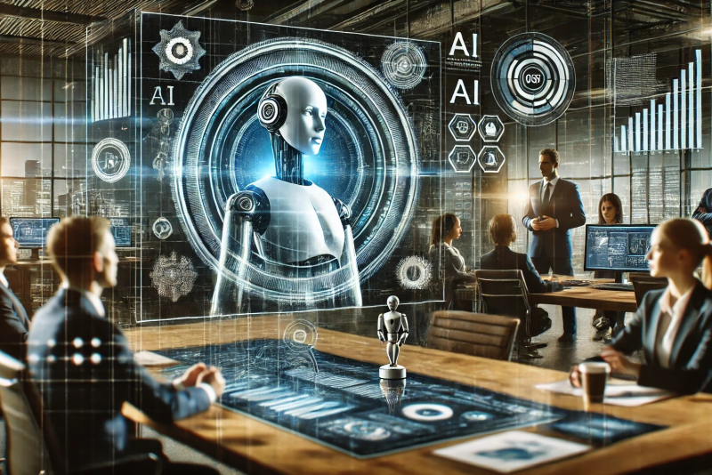 Dall·e 2025 03 05 19.51.58 A Futuristic Business Environment Where Artificial Intelligence Ai Is Seamlessly Integrated Into Operations. The Image Features A Digital Interface