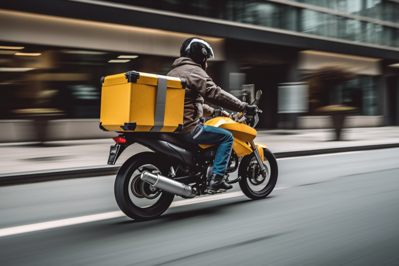 Delivery Person Riding Motorcycle