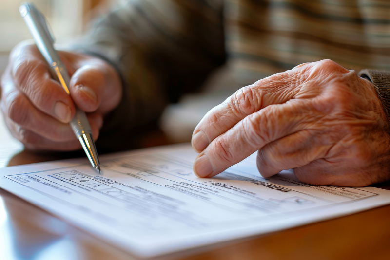 Person Filling Out A Mail In Ballot At Home, Pen In Hand And Focused Expression