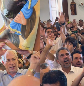 Em lados opostos na igreja, Ciro Gomes e Elmano Freitas acompanham missa de Santo Antônio em Barbalha