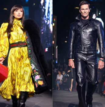 Paris Hilton e Tom Brady chamam atenção no desfile da Gucci na Times Square