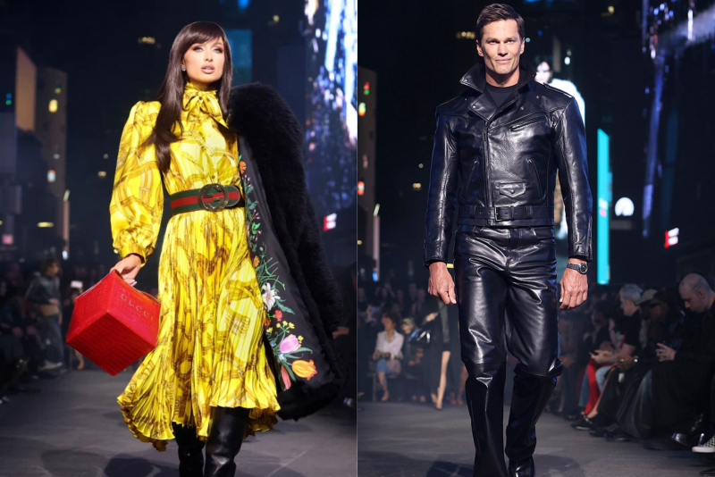 Paris Hilton e Tom Brady chamam atenção no desfile da Gucci na Times Square