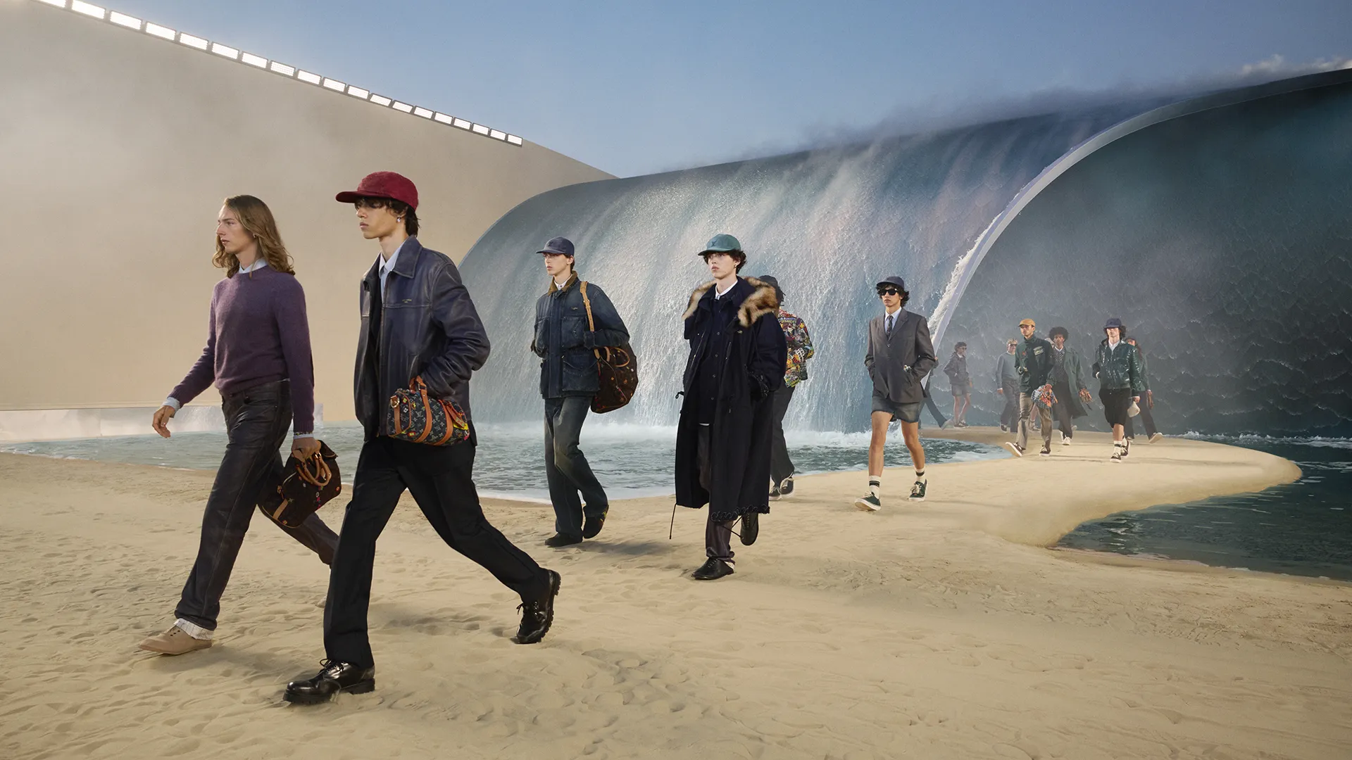 Louis Vuitton transforma passarela em praia cenográfica e leva o surf para a Semana de Moda de Paris